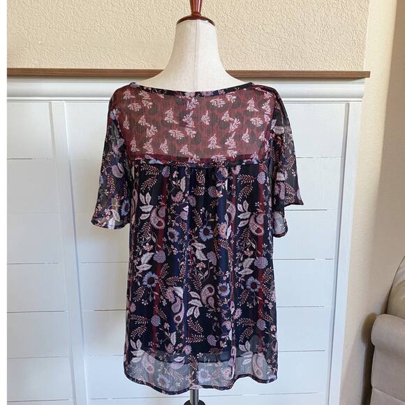 Knox Rose Women's Short Sleeve Floral Paisley Red Blue Top‎ Blouse V-Neck XS - Picture 2 of 12